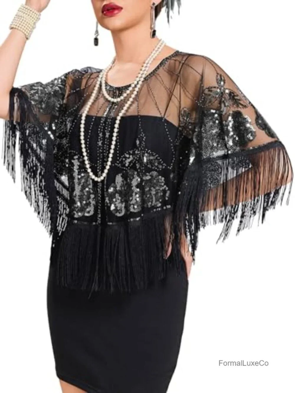 1920s Sequin Beaded Flapper Shawl Evening Wrap Party